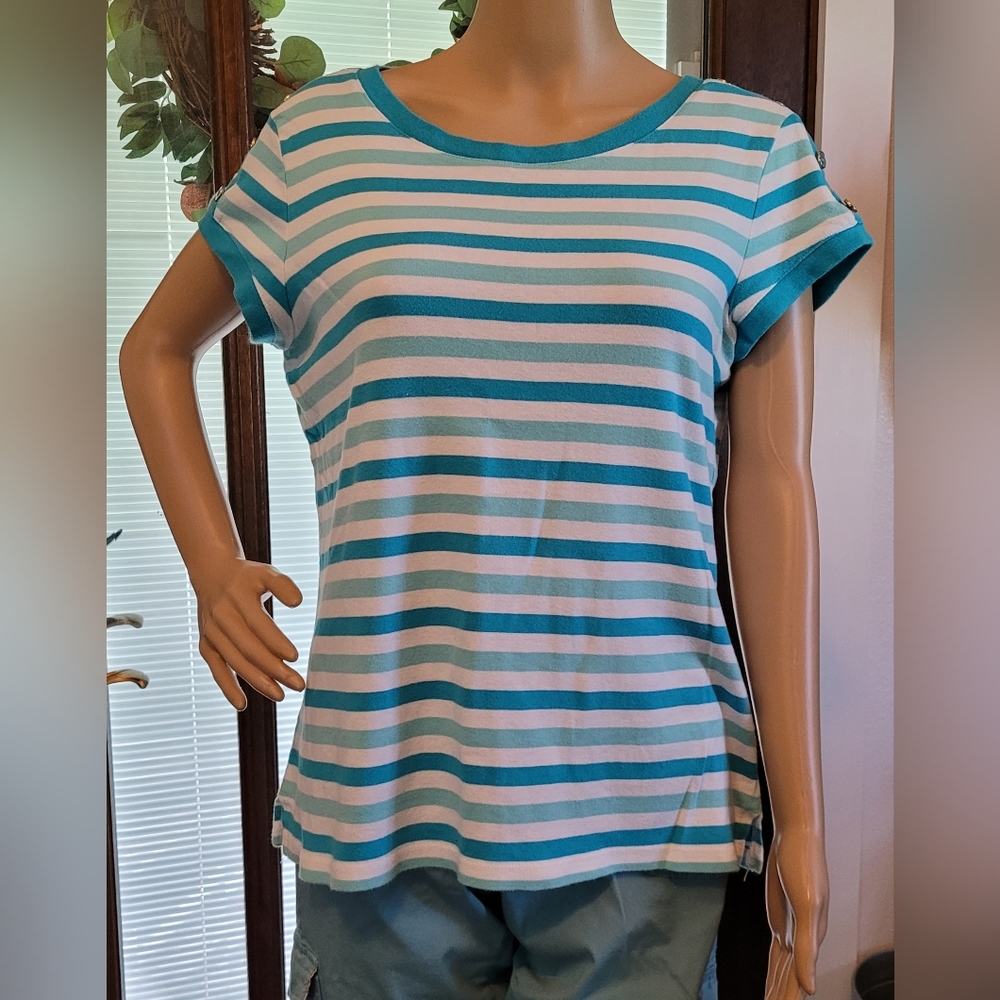 Talbots Cotton Aqua/Turquoise Stripe Tee